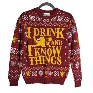 GOT Game of Thrones I Drink and I Know Things Christmas Sweater Maroon Gold Ugly